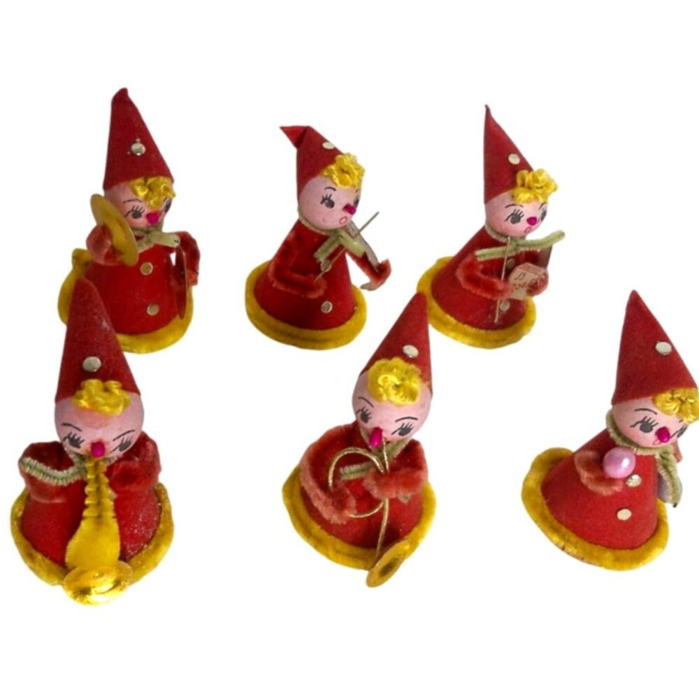 Vintage Shiny Brite Christmas Pixie Band Musical Ornaments Japan Elf Set Of 6
